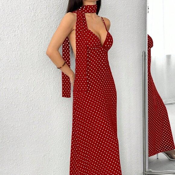 Dresses & Skirts - Burgundy Sexy Women's V-Neck Polka Dot Print Maxi Slip Dress